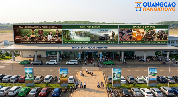 Pano quảng cáo tại sân bay Buôn Ma Thuột khu vực bãi đỗ xe và sảnh đón khách